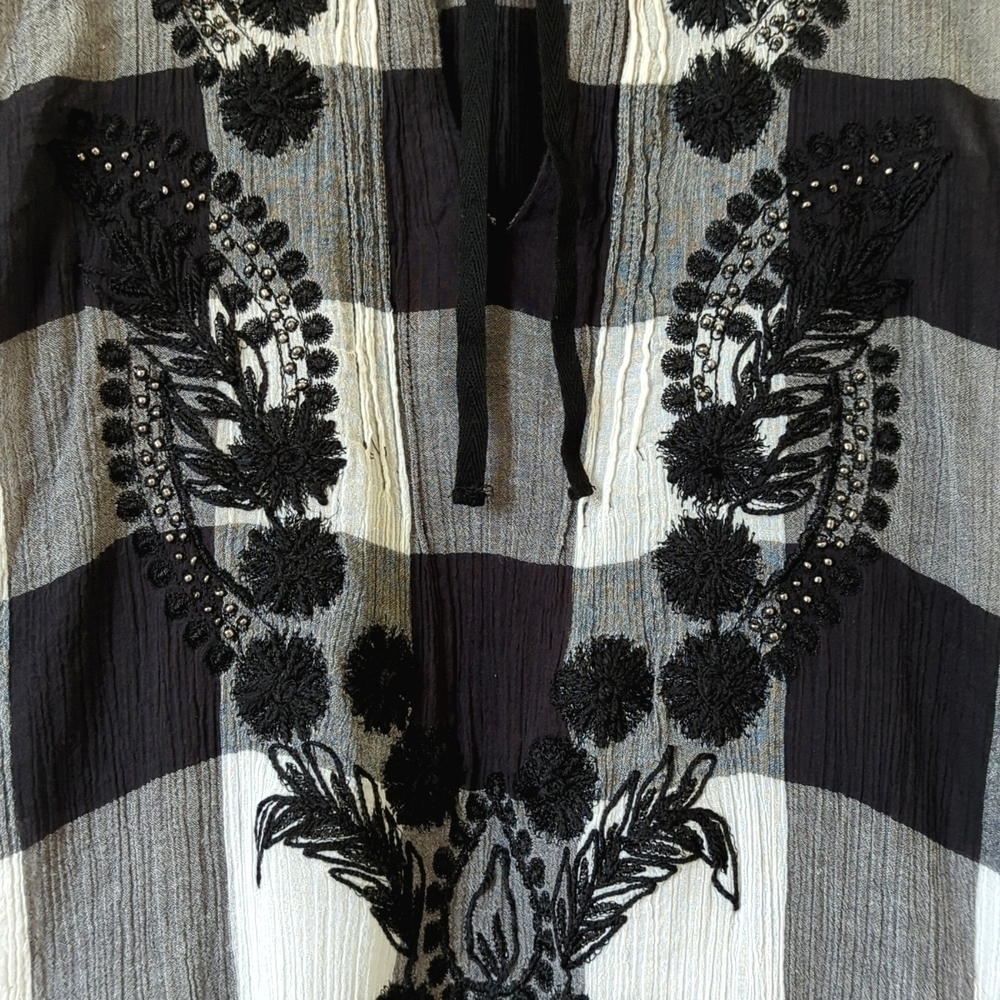Free People Embroidered & Beaded Buffalo Plaid Gauze Long Sleeve Tunic Top XS - Picture 6 of 12